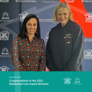 Minister for Children the Hon. Lizzie Blandthorn and Centre CEO Deb Tsorbaris presenting at the 2023 ResiROCKS Residential Carer Awards